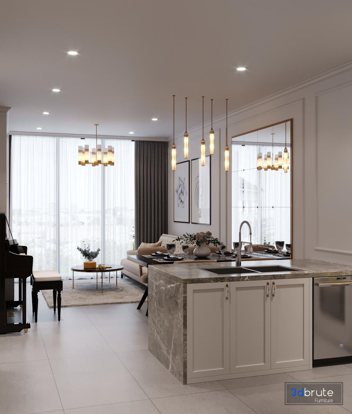 White Based Neoclassical Interior Design-scene corona