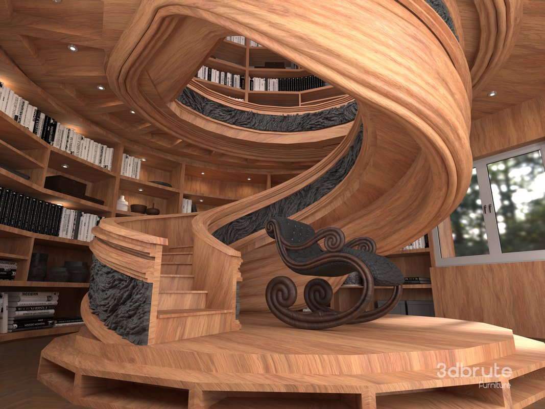 wooden spiral staircase in a room with bookshelves Image 2