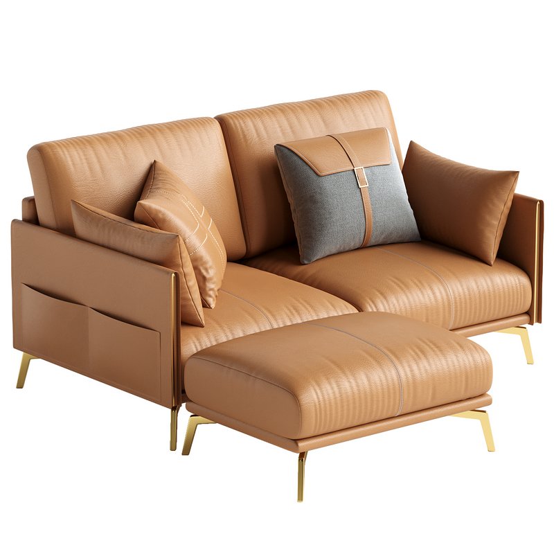Glamorous Brown Leather Sofa 165 cm and Ottoman Image 1