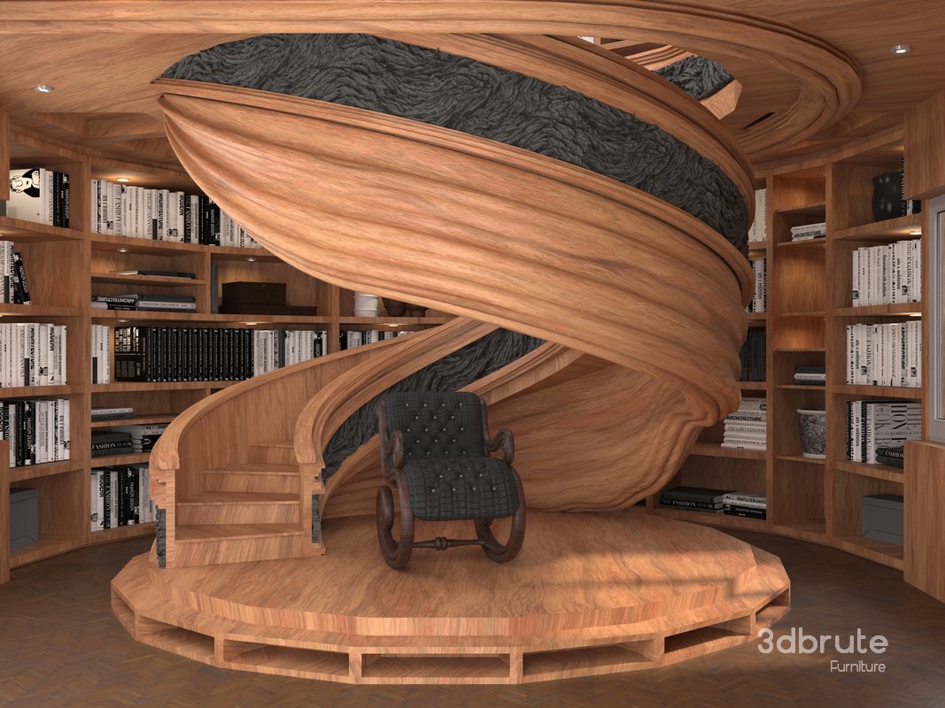 wooden spiral staircase in a room with bookshelves Image 1
