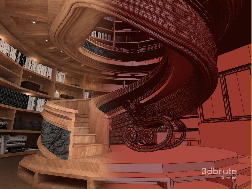 wooden spiral staircase in a room with bookshelves Image 4