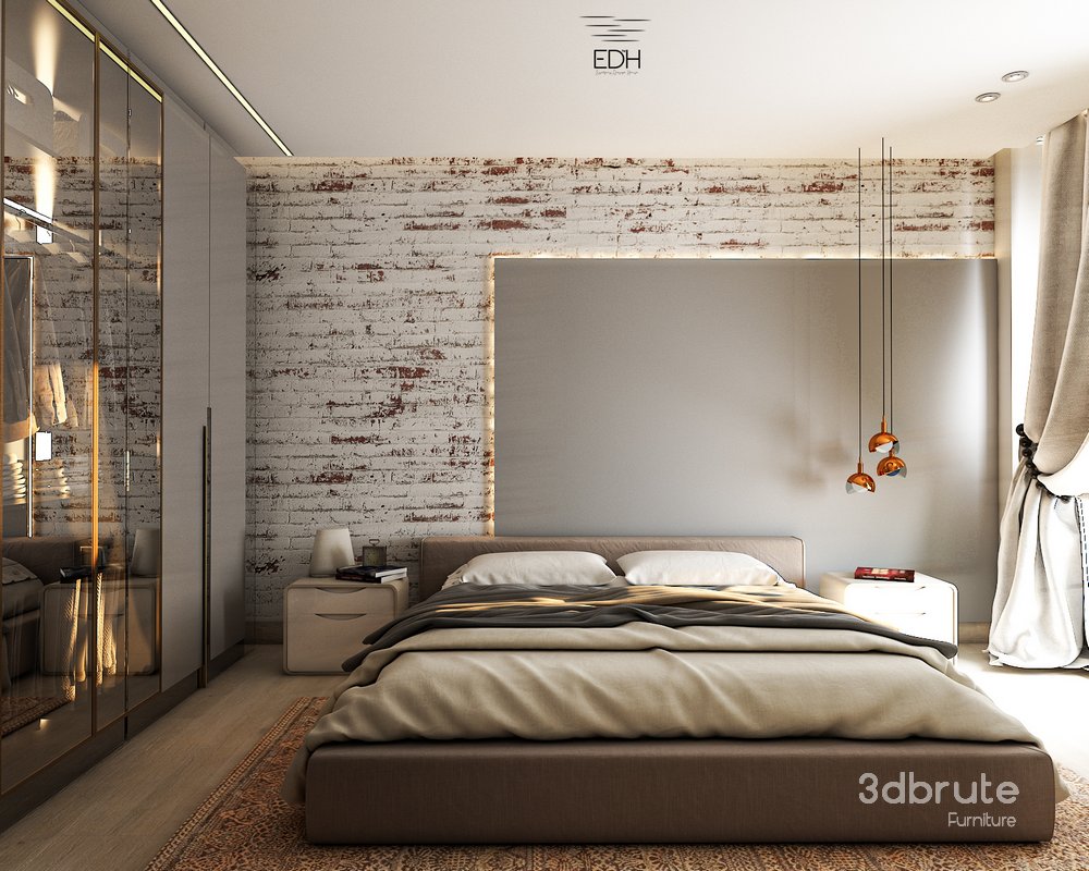 3D Bedroom scene with brick wall Image 1