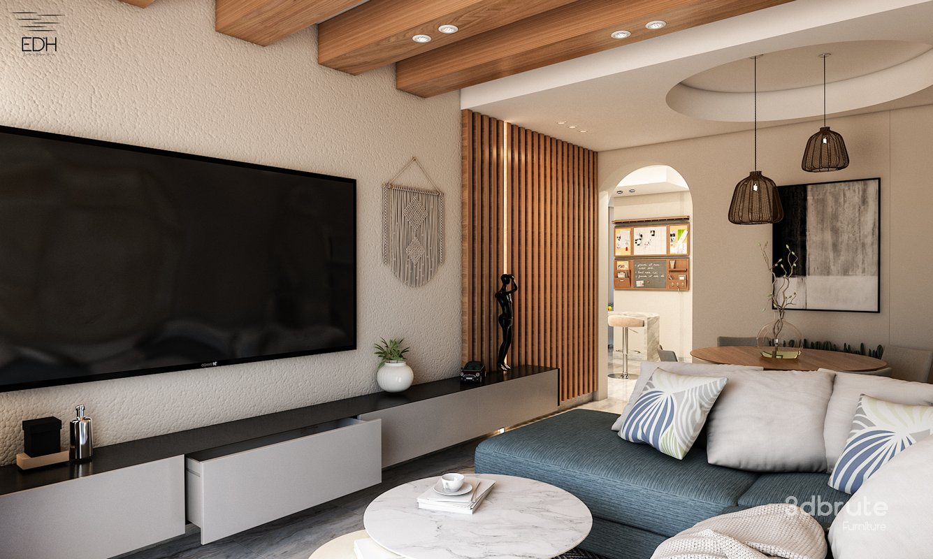 3D Scene of a cozy tiny Reception with dining table , Kitchen, and Entrance Lobby Image 2