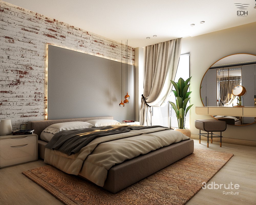 3D Bedroom scene with brick wall Image 4