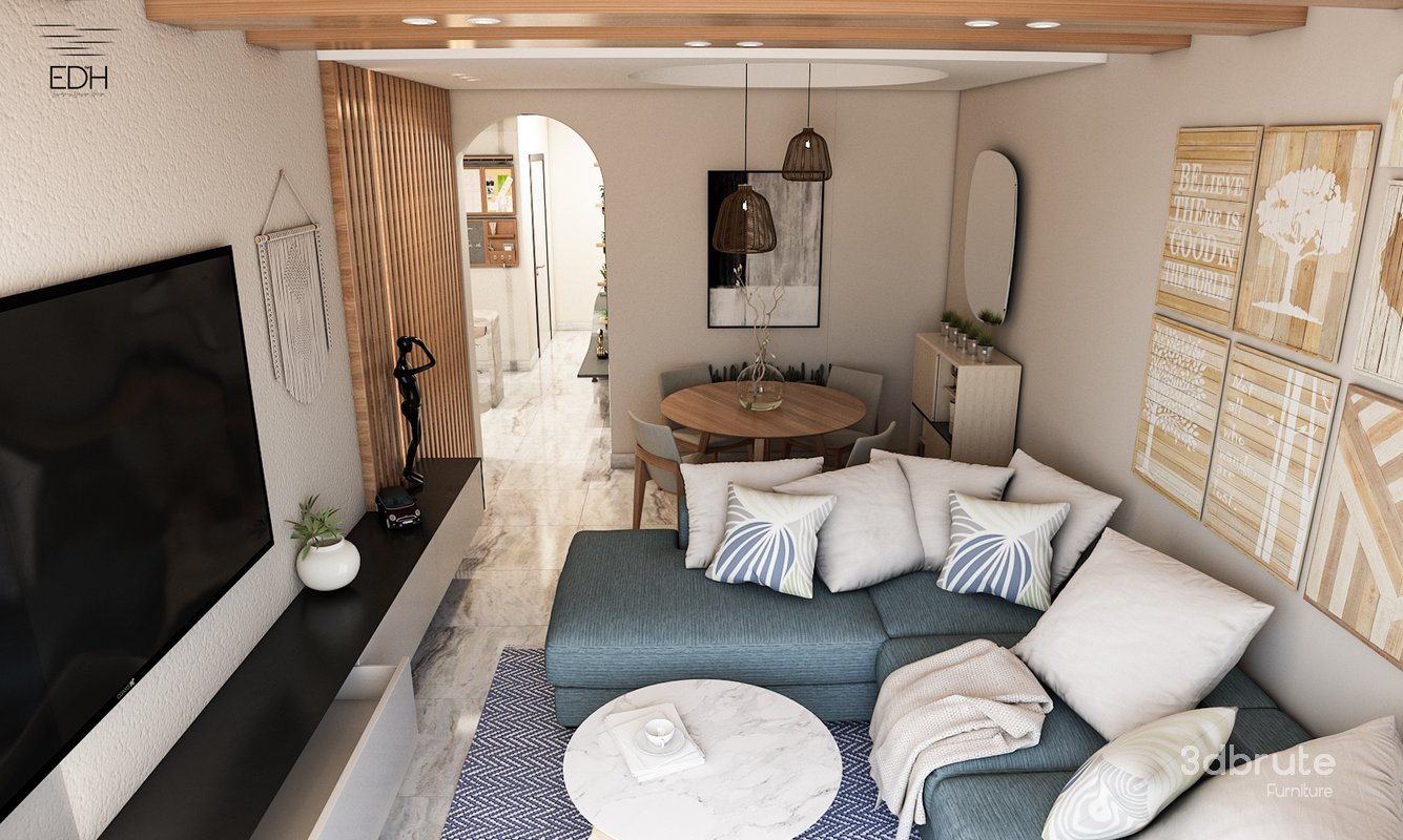 3D Scene of a cozy tiny Reception with dining table , Kitchen, and Entrance Lobby Image 6