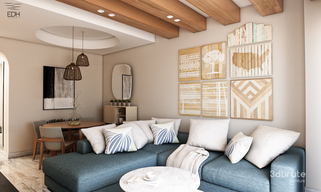 3D Scene of a cozy tiny Reception with dining table , Kitchen, and Entrance Lobby Image 1