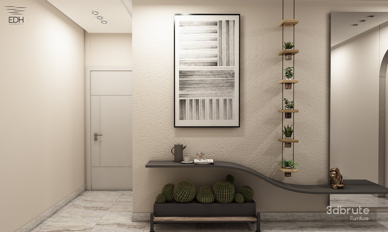 3D Scene of a cozy tiny Reception with dining table , Kitchen, and Entrance Lobby Image 3