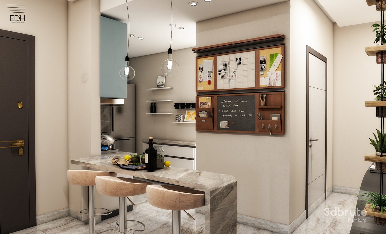 3D Scene of a cozy tiny Reception with dining table , Kitchen, and Entrance Lobby Image 4