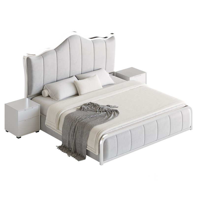 White Upholstered Bed with Headboard Image 16