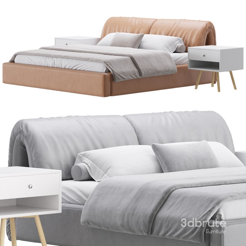 Brown Genuine Leather Upholstered Headboard Queen Size Modern Bed Image 1