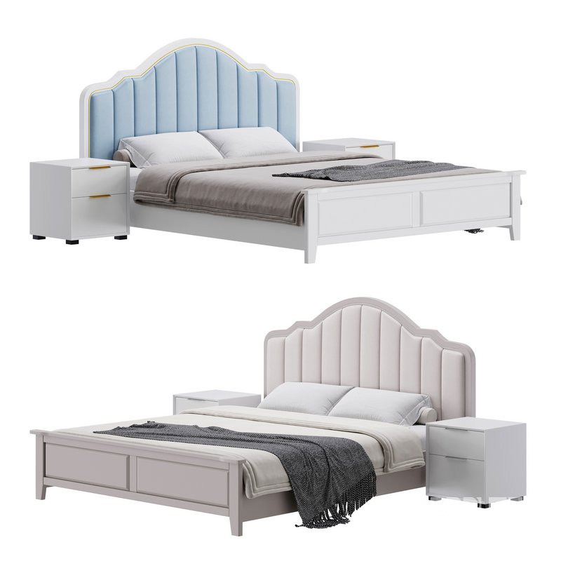 Blue Wood Upholstered Headboard Bed Image 1