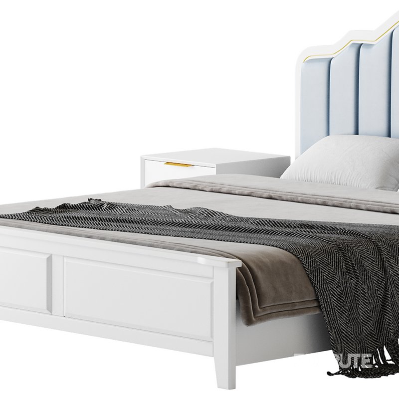 Blue Wood Upholstered Headboard Bed Image 16