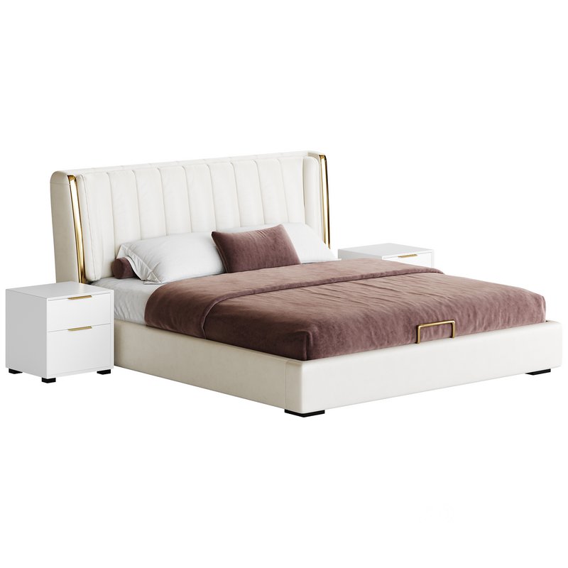 Beige Upholstered Wingback Modern bed I Image 2