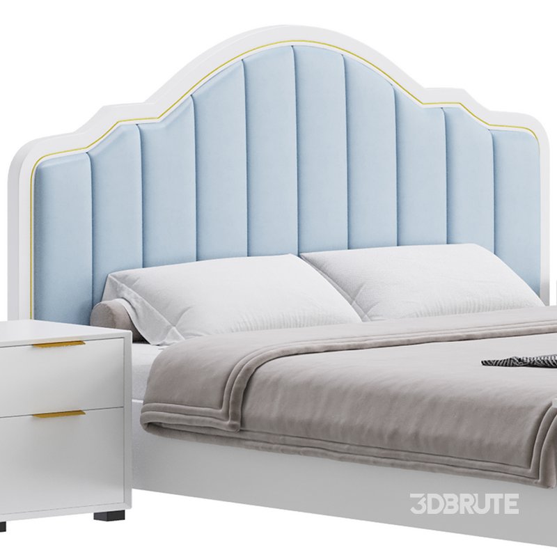 Blue Wood Upholstered Headboard Bed Image 6