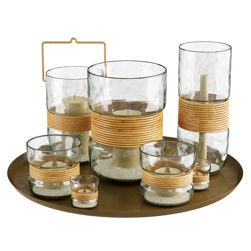 Palm Woven Rattan Glass Hurricane Candleholder Image 1