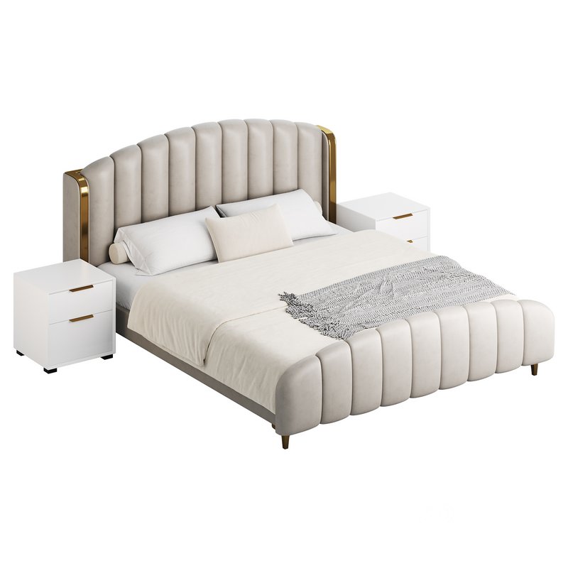 Glamorous Beige Upholstered Wingback Bed Image 10