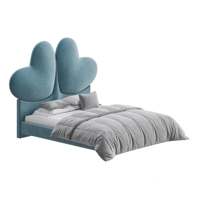 Elegant Blue Pine Wood Upholstered Panel Bed Image 1
