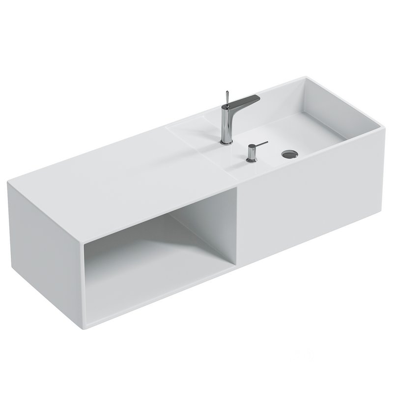 Mineral cast wall-mounted washbasin TWG36 in white with storage compartment on the left Image 1