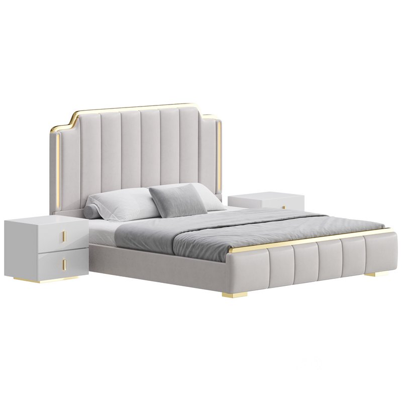 Glam Beige Upholstered Bed Image 2