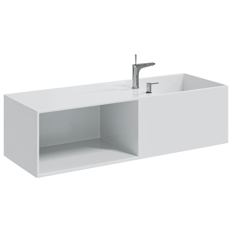 Mineral cast wall-mounted washbasin TWG36 in white with storage compartment on the left Image 3