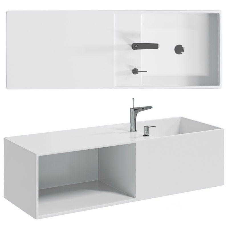 Mineral cast wall-mounted washbasin TWG36 in white with storage compartment on the left Image 4