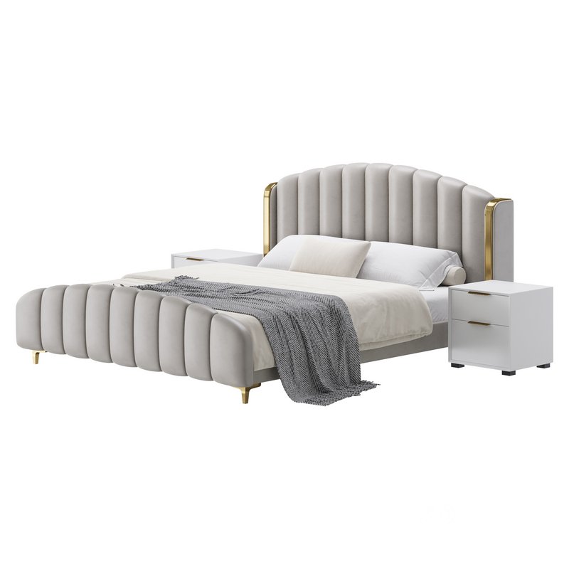Glamorous Beige Upholstered Wingback Bed Image 3