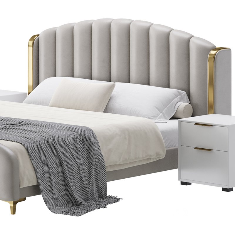 Glamorous Beige Upholstered Wingback Bed Image 6