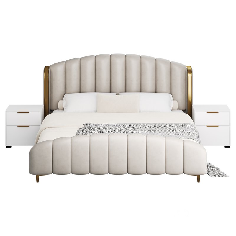 Glamorous Beige Upholstered Wingback Bed Image 7