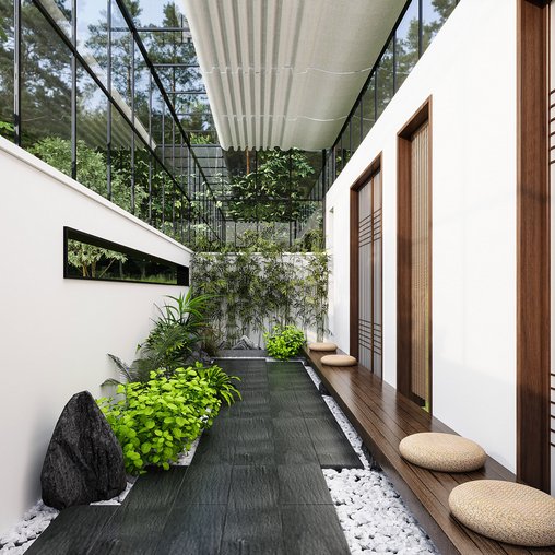 Modern courtyard landscape trees, flowers, and plants