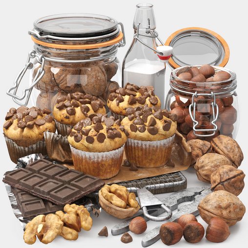 chocolate muffins and nuts set