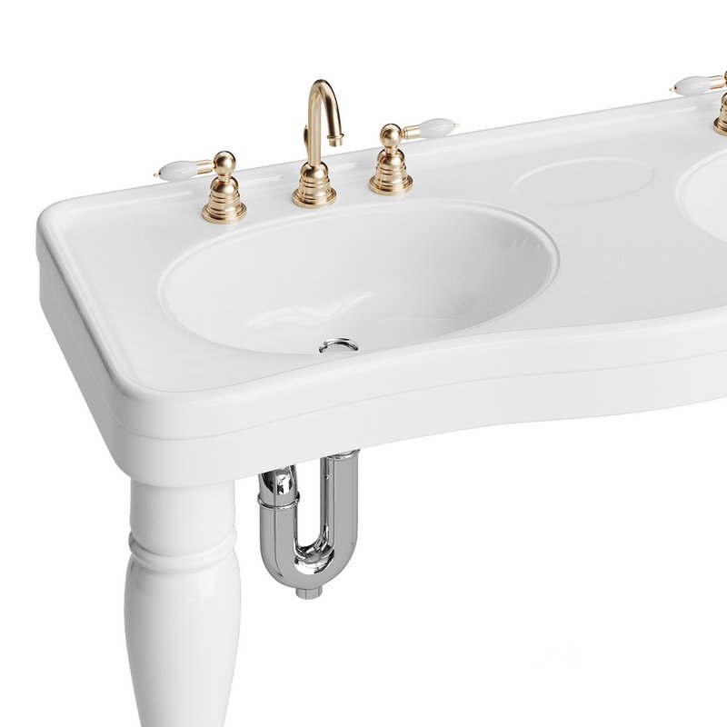 Double Basin Console Bathroom Sink White with 2 Spindle Legs and Overflow Image 11
