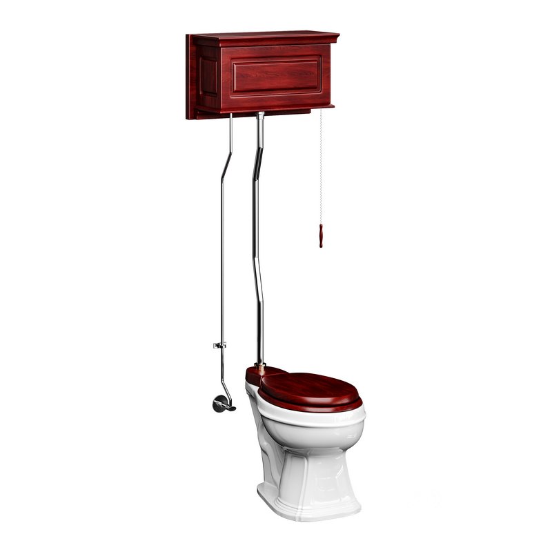 Dark Oak High Tank Pull Chain Toilet Wooden Tank Round Bowl Image 11