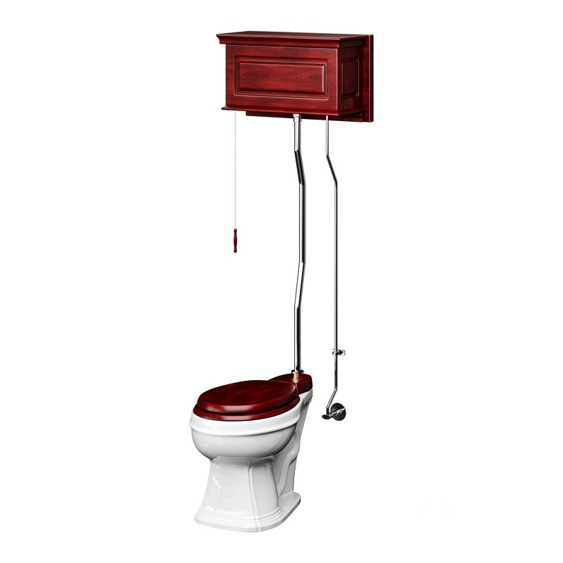 Dark Oak High Tank Pull Chain Toilet Wooden Tank Round Bowl Image 13