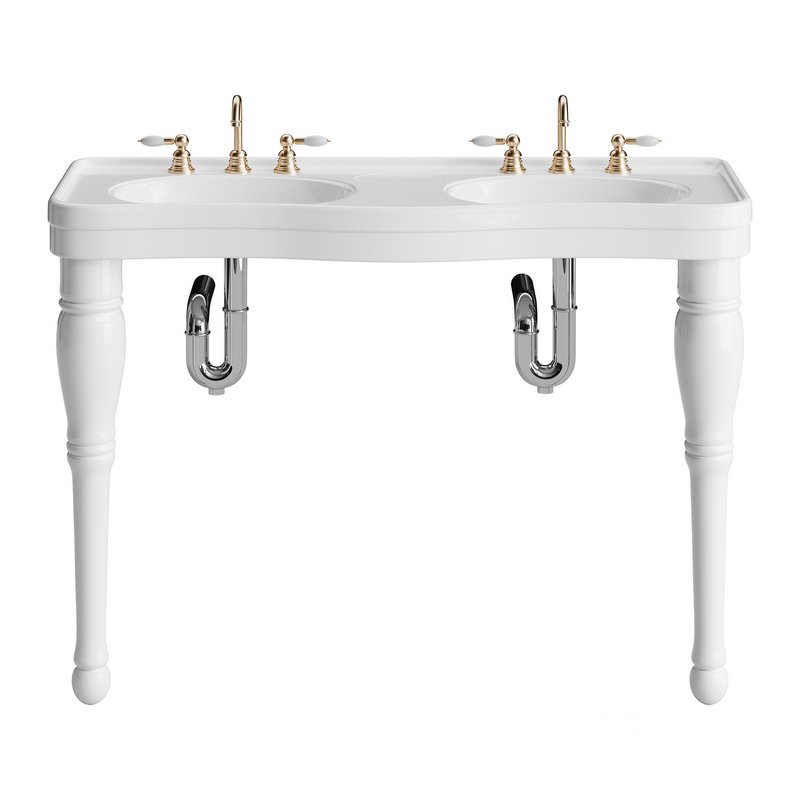 Double Basin Console Bathroom Sink White with 2 Spindle Legs and Overflow Image 12