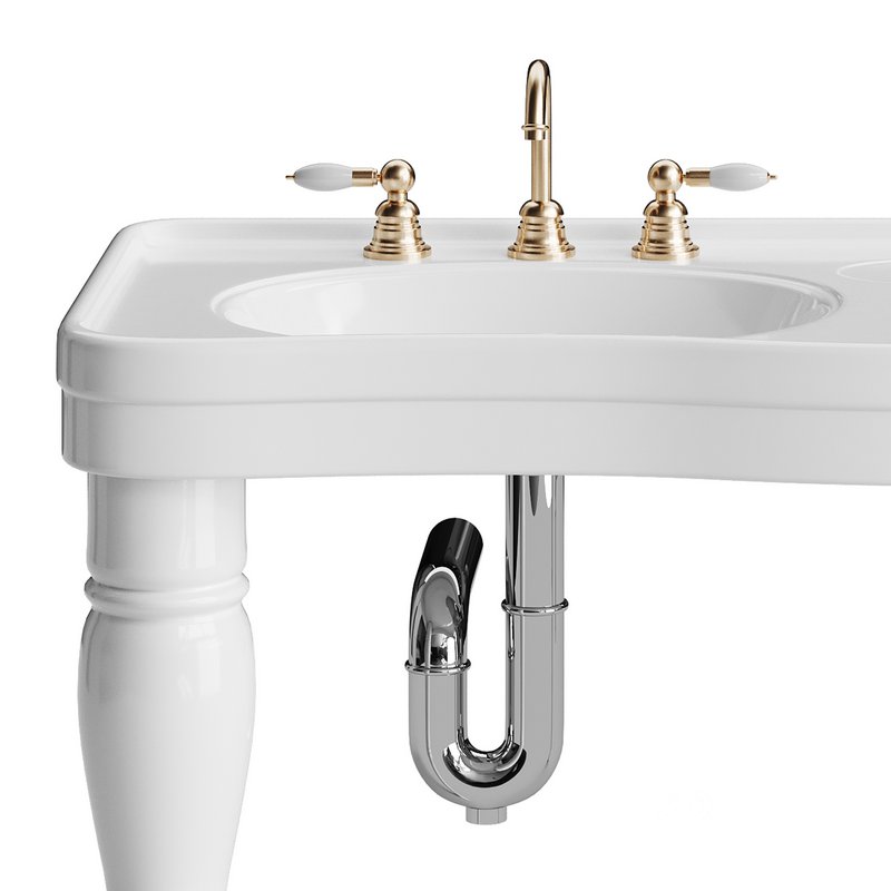 Double Basin Console Bathroom Sink White with 2 Spindle Legs and Overflow Image 13