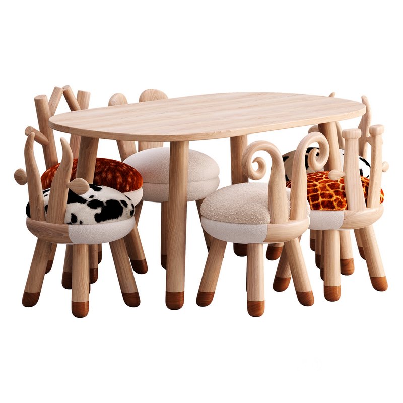 Wood chairs table farm animals Image 2