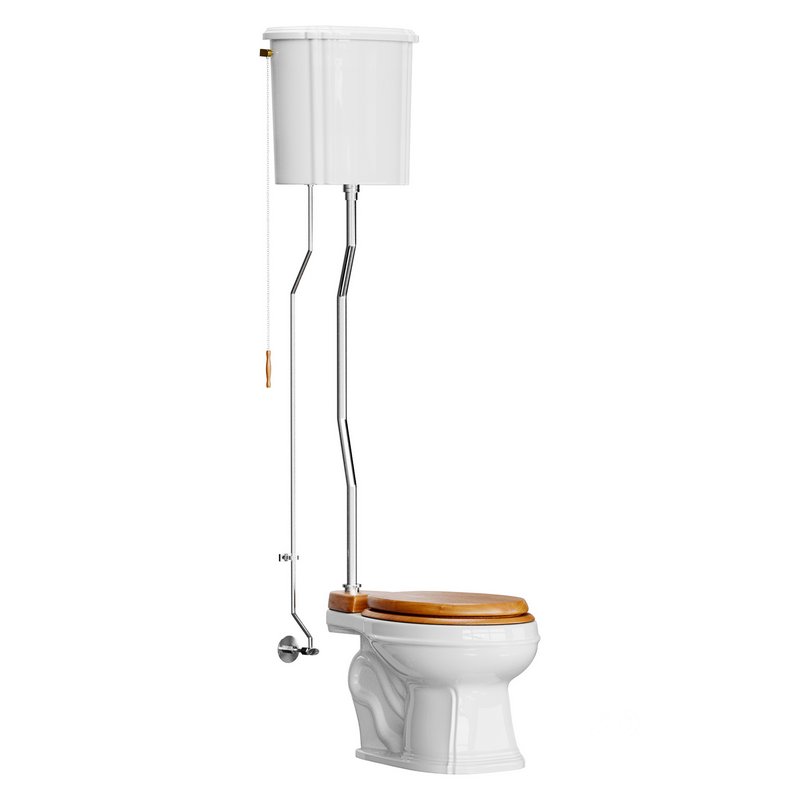 White High Tank Toilet with Round Bowl Chrome Plate Z-Pipe Image 1