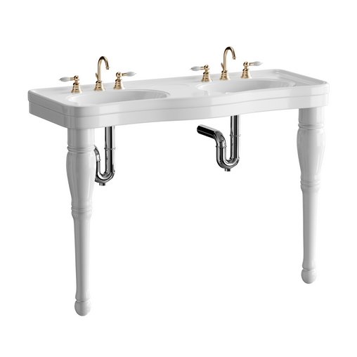 Double Basin Console Bathroom Sink White with 2 Spindle Legs and Overflow