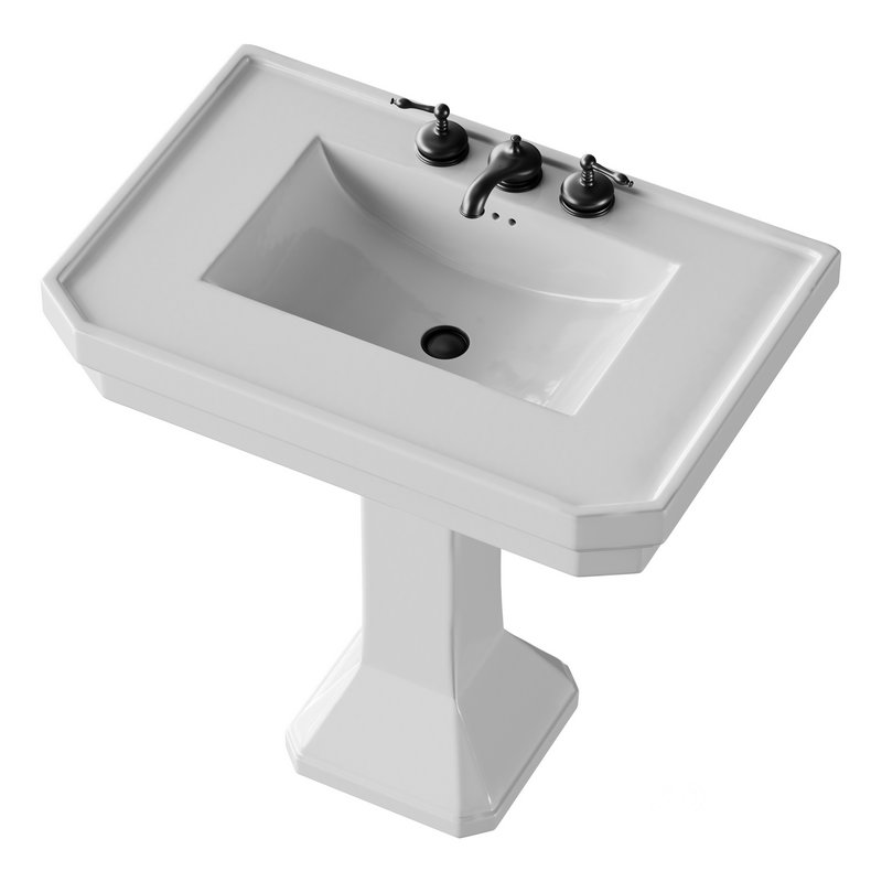 White Large Vitreous Victorian Pedestal Sink with Widespread Black Belle Faucet Image 2