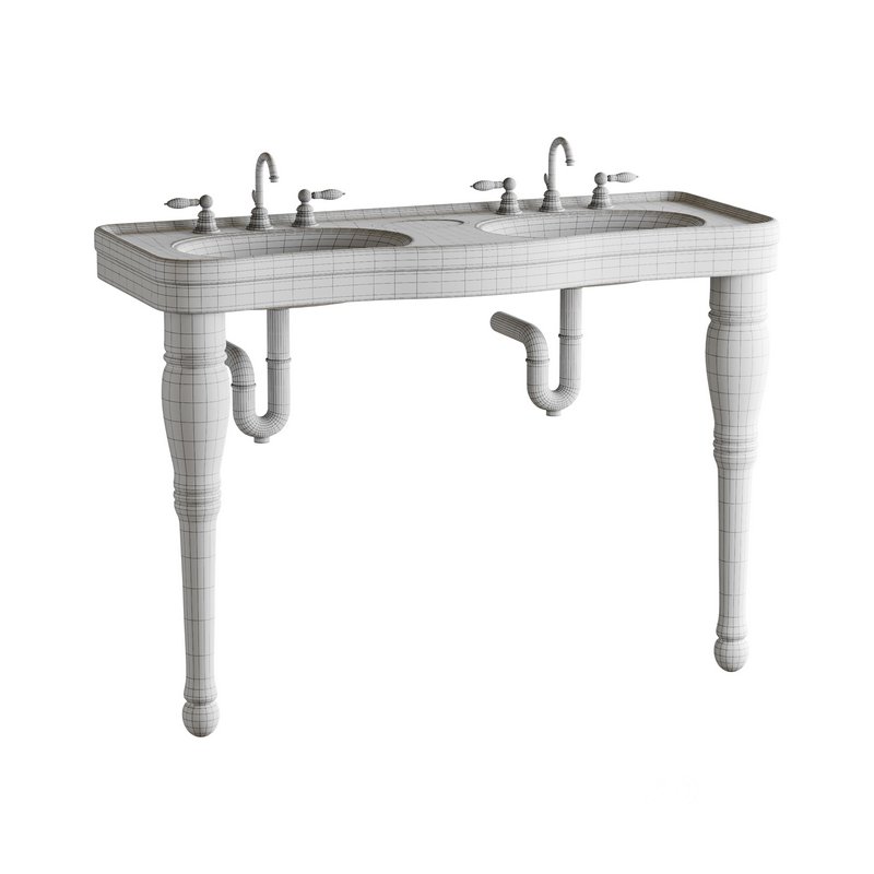 Double Basin Console Bathroom Sink White with 2 Spindle Legs and Overflow Image 14