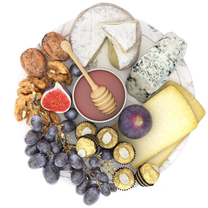 plate of honey and cheese with grapes walnuts and figs Image 2