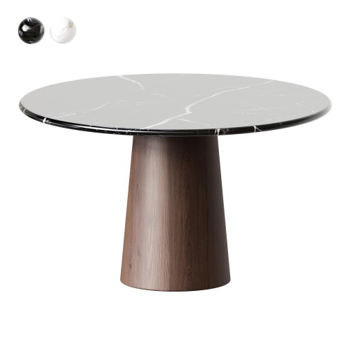 Round Marble Dining Table – Walnut Wood Cylinder Base