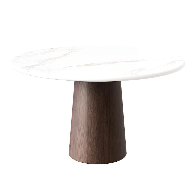 Round Marble Dining Table – Walnut Wood Cylinder Base Image 2