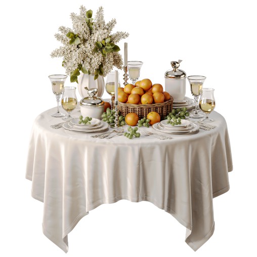 Elegant Dining Table with White Lilac Flowers and Fruit Basket