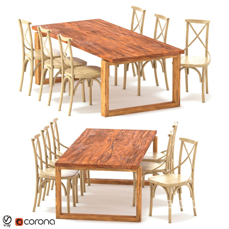 ODGER Table and 6 Teak Cross Back Dining Chair Image 1