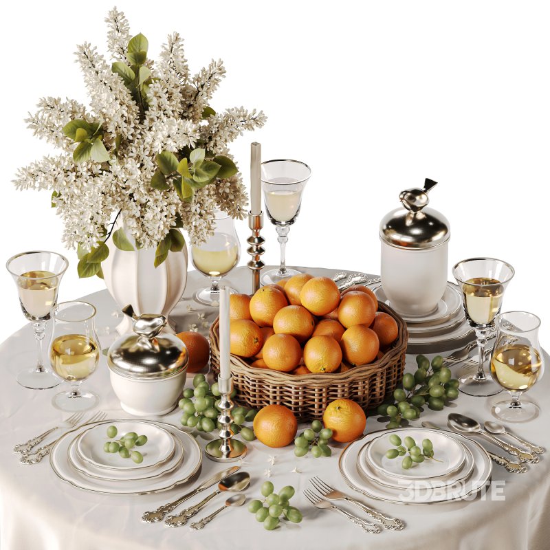 Elegant Dining Table with White Lilac Flowers and Fruit Basket Image 2