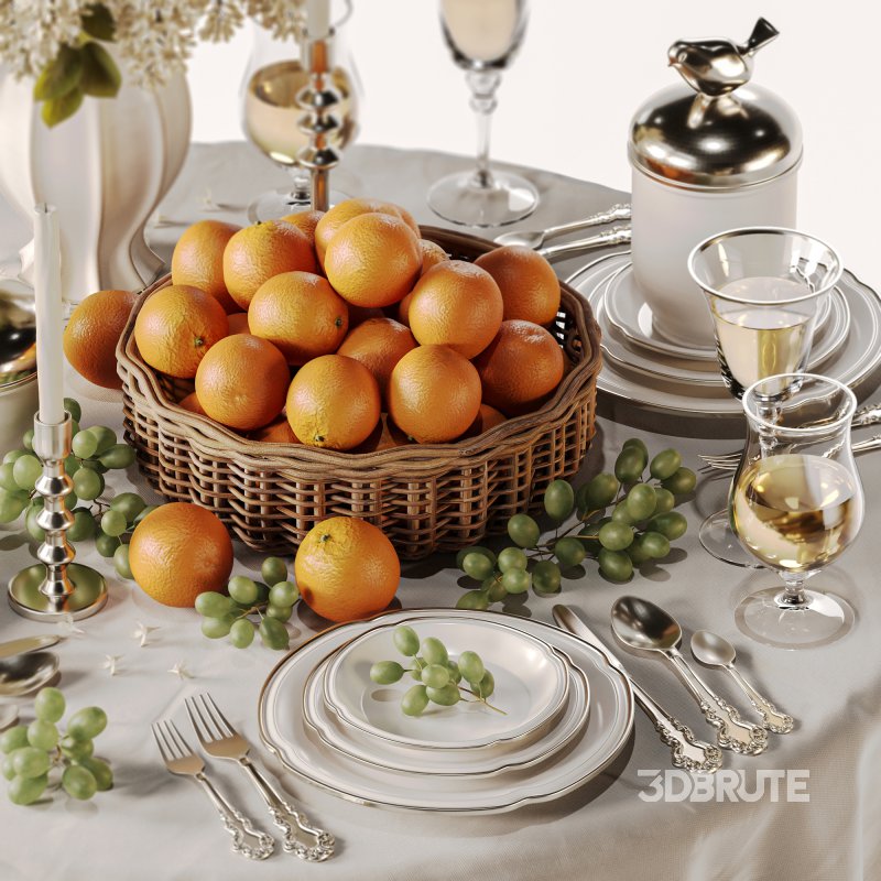 Elegant Dining Table with White Lilac Flowers and Fruit Basket Image 4
