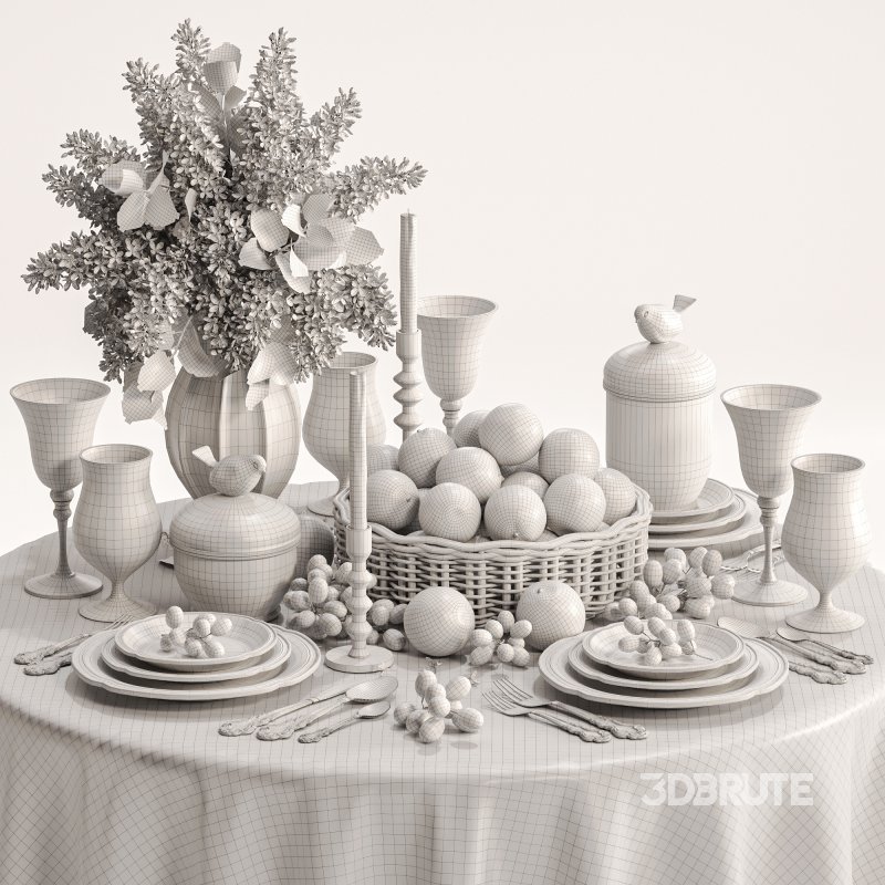 Elegant Dining Table with White Lilac Flowers and Fruit Basket Image 5