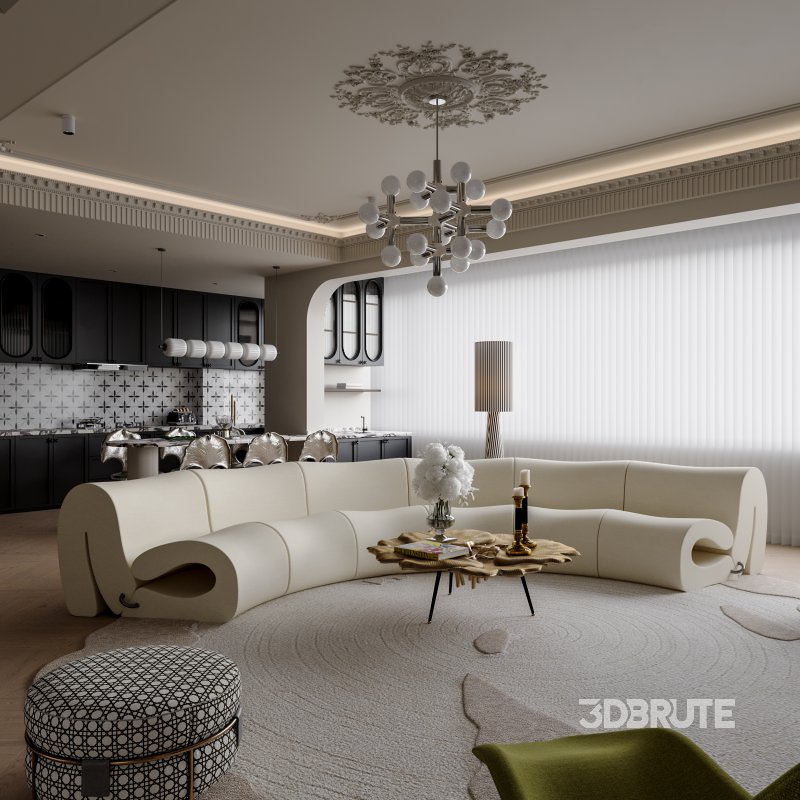 Classic luxury living room, dining room and kitchen Image 3