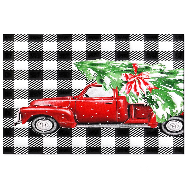Christmas Truck Xmas Tree Black White Plaid Runner Washable Rug Image 2